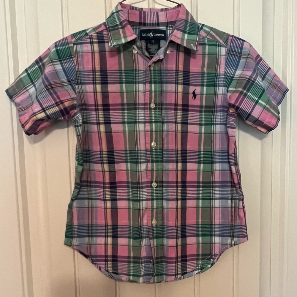 Boys Ralph Lauren blue and pink plaid short sleeve shirt